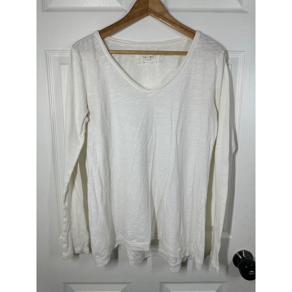 Pure + Good Top Womens L White Long Sleeve V-Neck Slub Ribbed Knit Casual 7274
